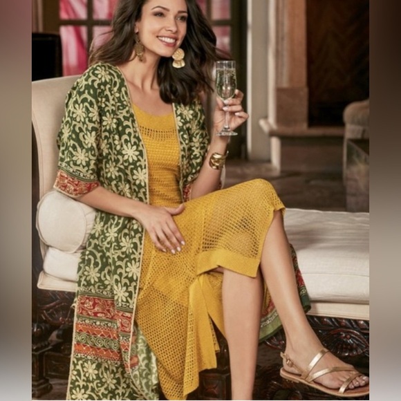 Soft Surroundings Soft Tariji Topper Green Gold Open Front Kimono Women’s M - Picture 1 of 13